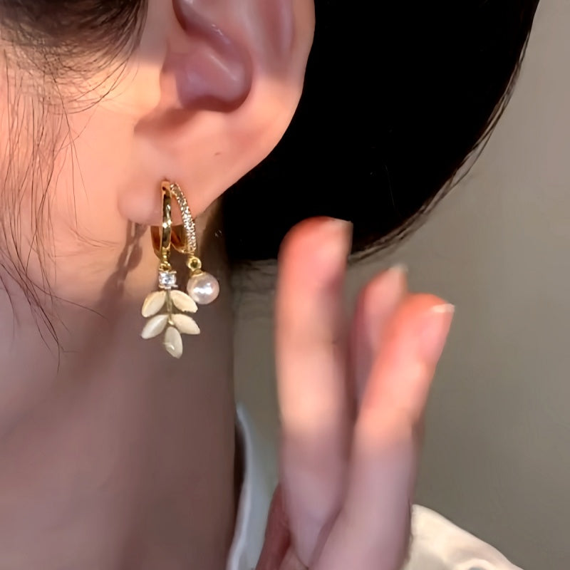 14K Gold-Plated Cat's Eye Leaf Pearl Earrings