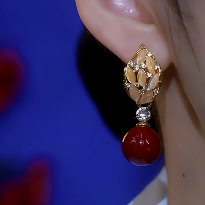 14K Gold-Plated Cat's Eye Leaf Pearl Earrings