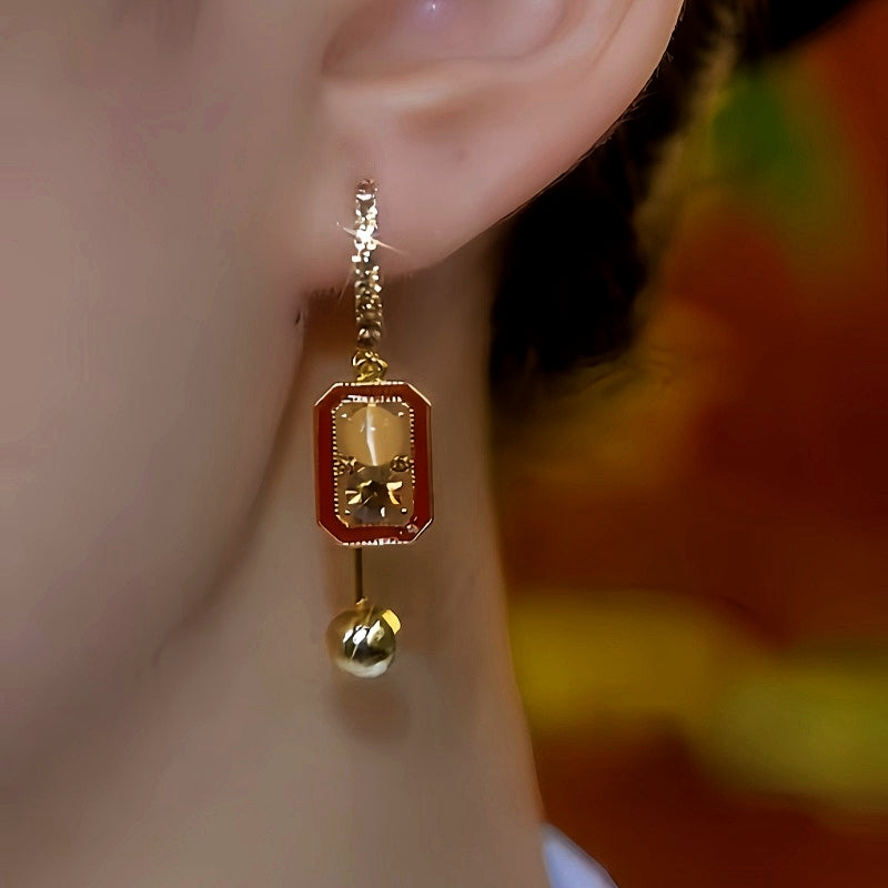 14K Gold-Plated Cat's Eye Stone Brown Diamond Cube Earrings