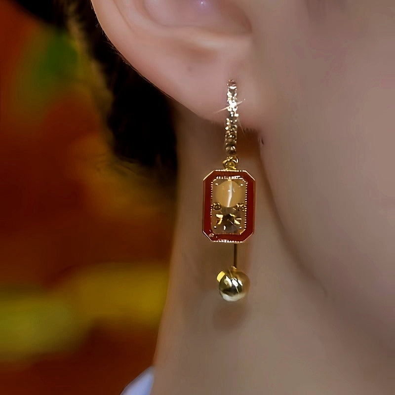 14K Gold-Plated Cat's Eye Stone Brown Diamond Cube Earrings