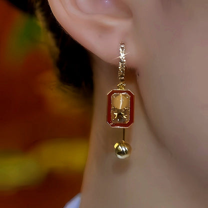 14K Gold-Plated Cat's Eye Stone Brown Diamond Cube Earrings