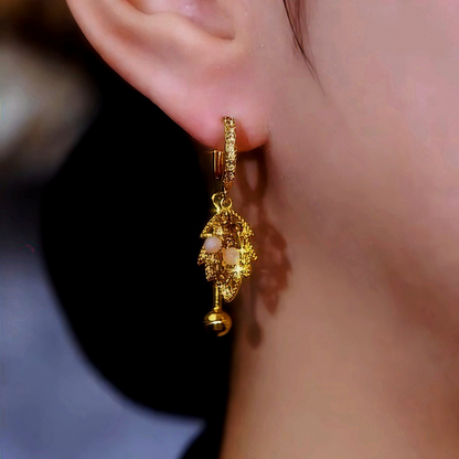14K Gold-Plated Cat's Eye Stone Brown Diamond Leaf Earrings