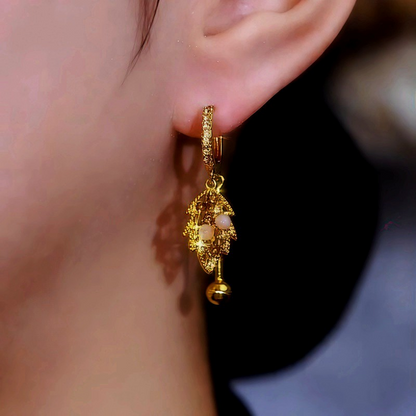 14K Gold-Plated Cat's Eye Stone Brown Diamond Leaf Earrings