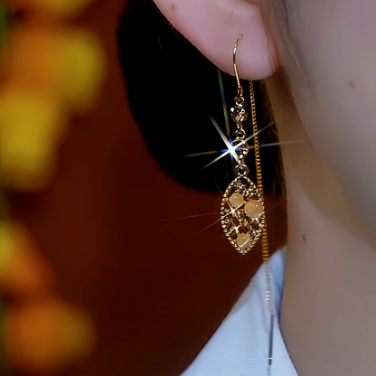 14K Gold-Plated Cat's Eye Stone Brown Diamond Leaf Threader Earrings