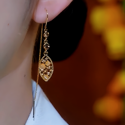 14K Gold-Plated Cat's Eye Stone Brown Diamond Leaf Threader Earrings