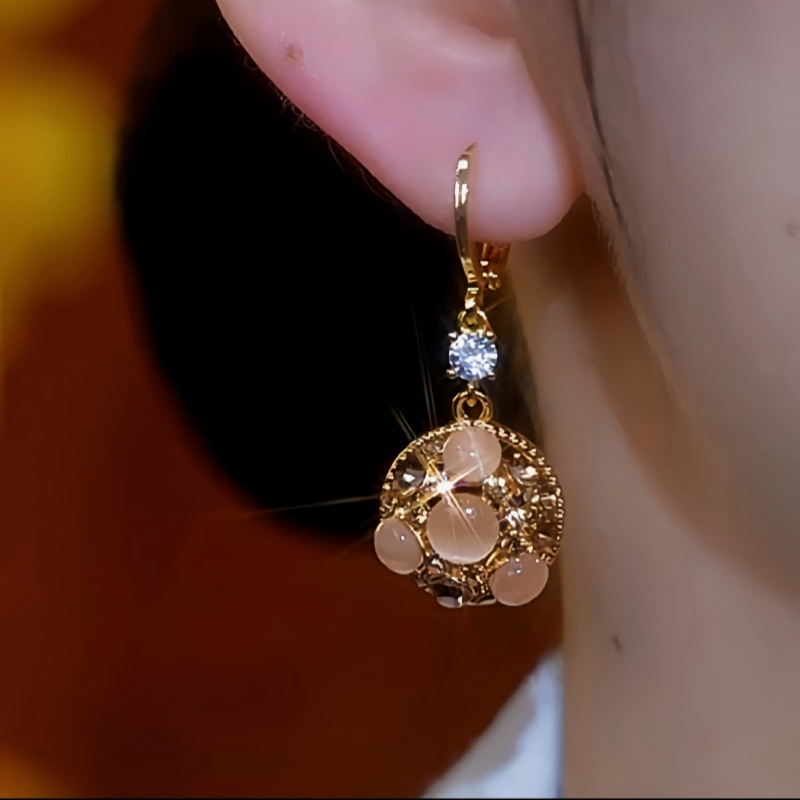 14K Gold-Plated Cat's Eye Stone Brown Diamond Water Drop Earrings