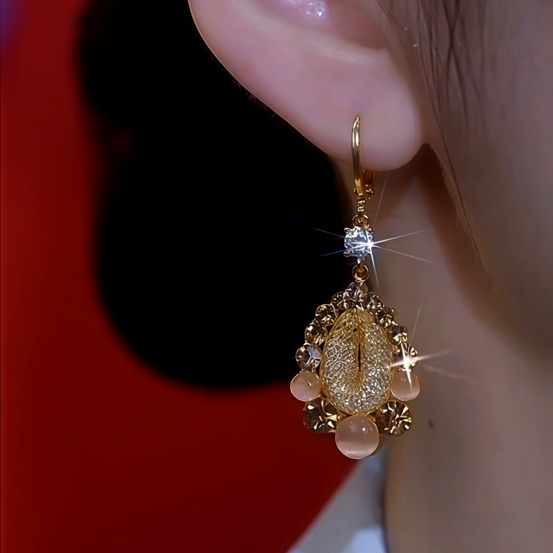 14K Gold-Plated Cat's Eye Stone Brown Diamond Water Drop Earrings