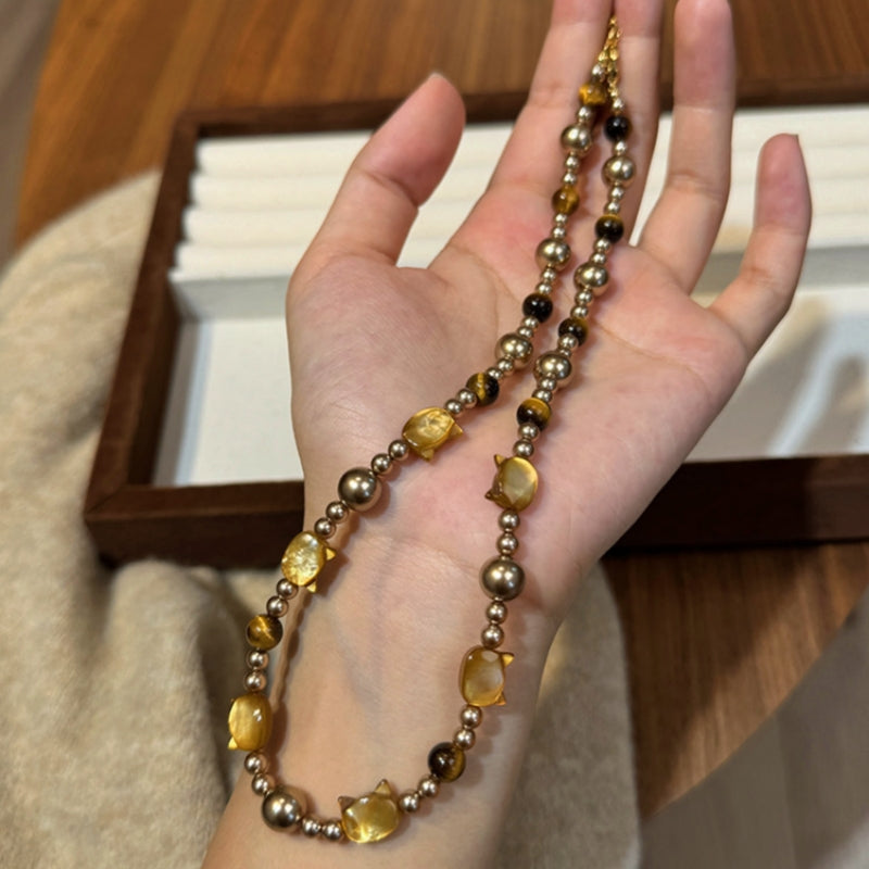 14K Gold-Plated Cat's Eye Stone Cat Pearl Necklace