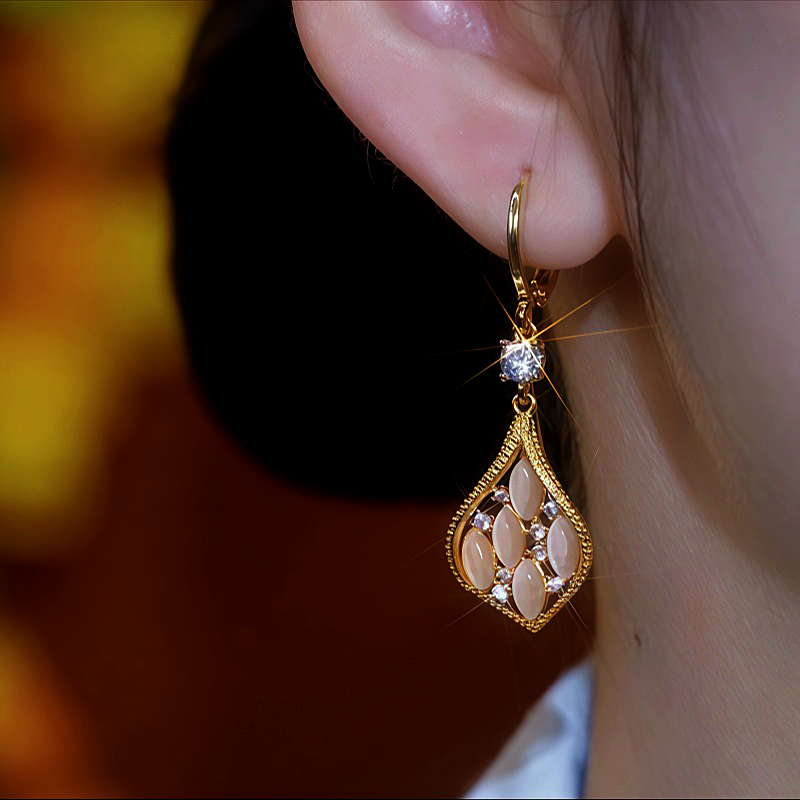 14K Gold-Plated Cat's Eye Stone Diamond Earrings