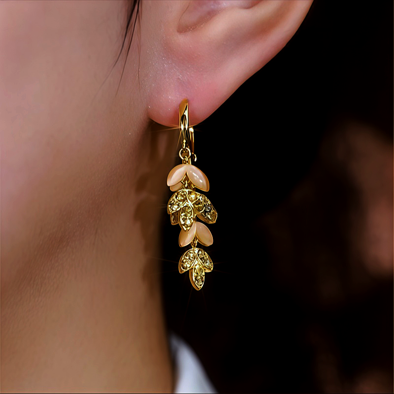 14K Gold-Plated Cat's Eye Stone Diamond Leaf Tassel Earrings