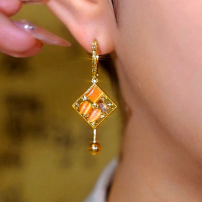 14K Gold-Plated Cat's Eye Stone Diamond Water Drop Earrings
