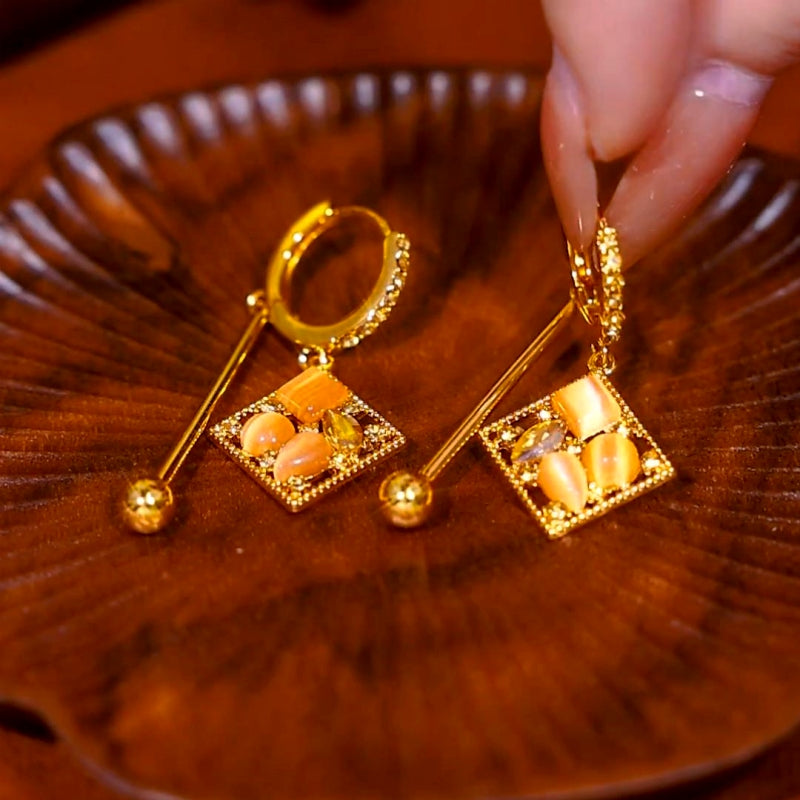 14K Gold-Plated Cat's Eye Stone Diamond Water Drop Earrings