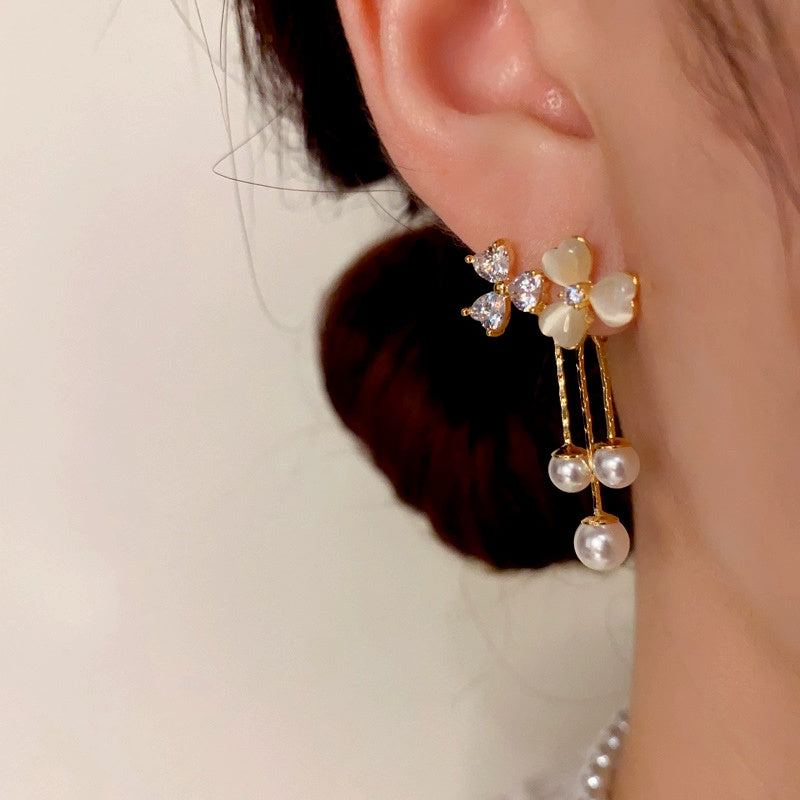 14K Gold-Plated Cat's Eye Stone Flower Tassel Earrings