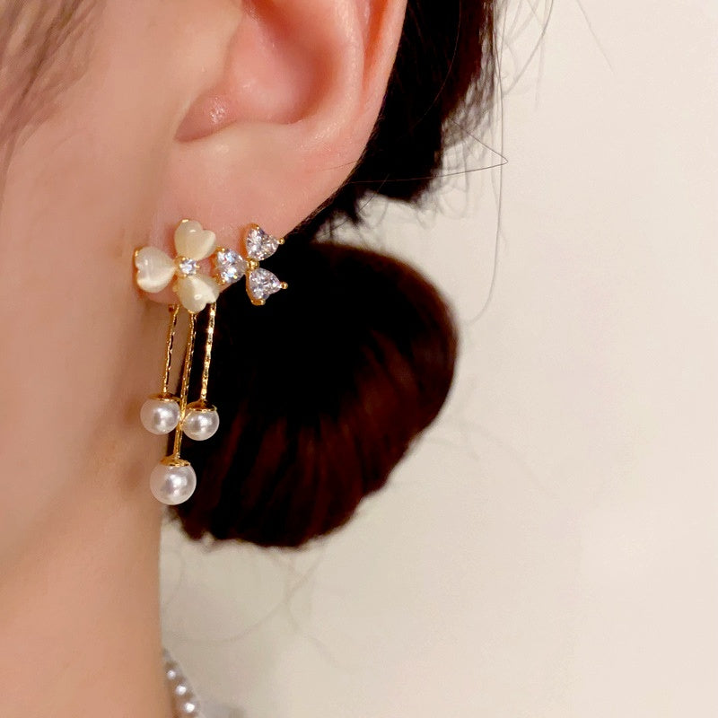 14K Gold-Plated Cat's Eye Stone Flower Tassel Earrings