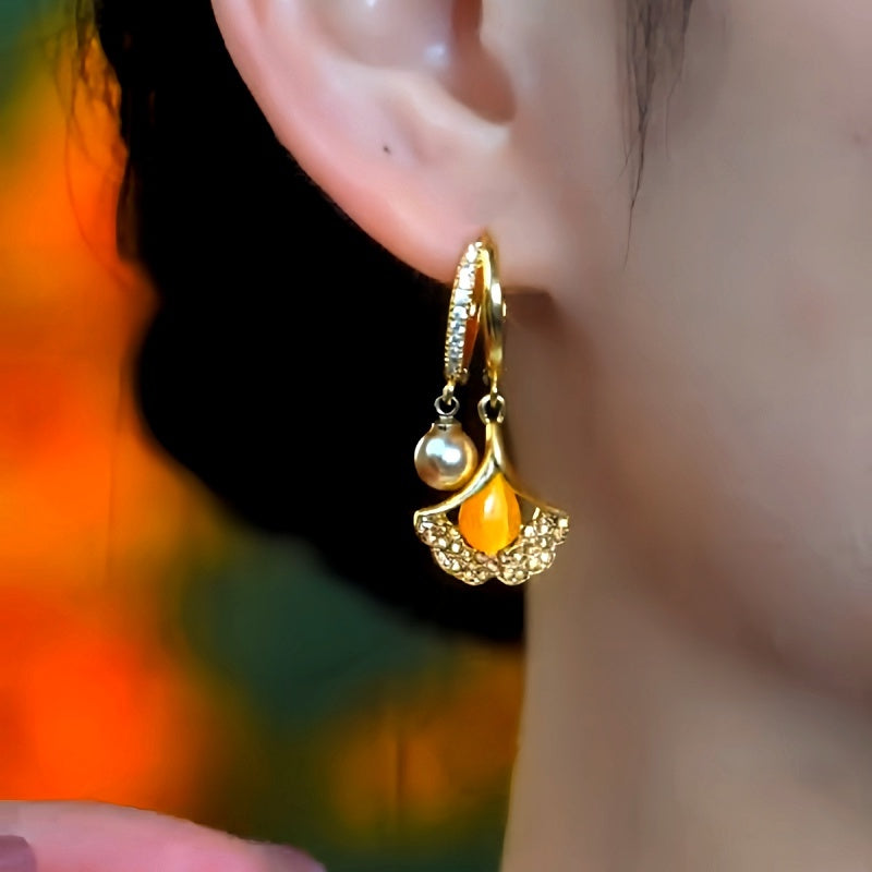 14K Gold-Plated Cat's Eye Stone Ginkgo Leaf Earrings