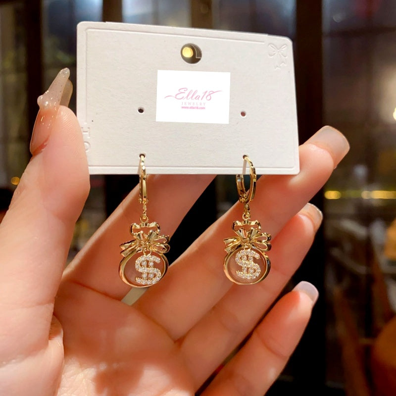 14K Gold-Plated Cat's Eye Stone Lucky $ Bag Earrings