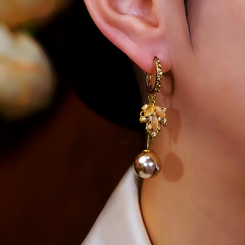 14K Gold-Plated Cat's Eye Stone Maple Leaf Pearl Earrings