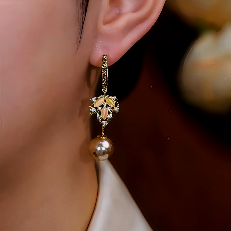 14K Gold-Plated Cat's Eye Stone Maple Leaf Pearl Earrings