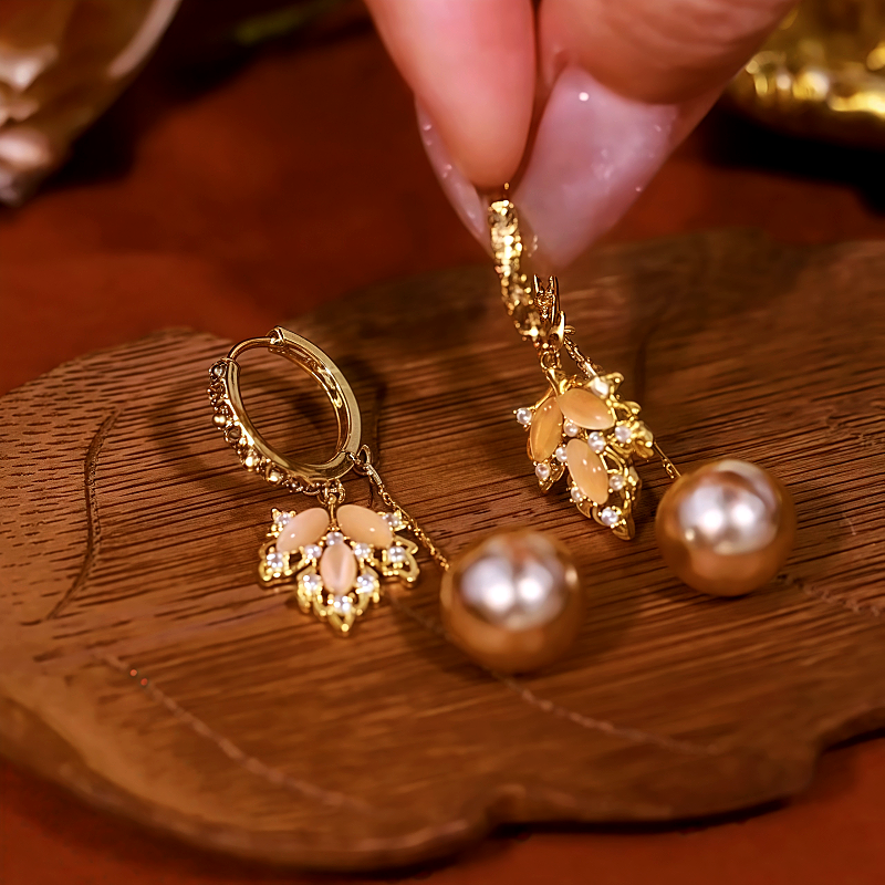 14K Gold-Plated Cat's Eye Stone Maple Leaf Pearl Earrings