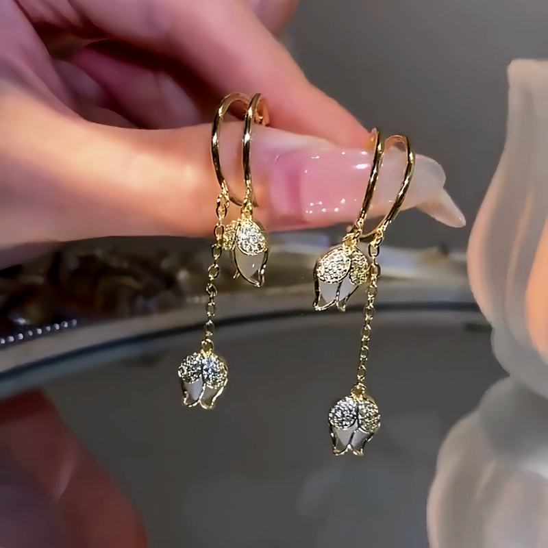 14K Gold-Plated Cat's Eye Stone Tulip Earrings