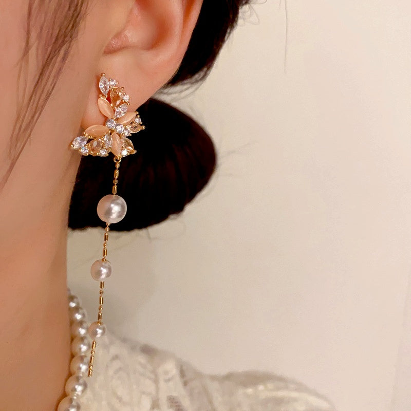 14K Gold-Plated Cat's Eye Stone Zircon Butterfly Pearl Tassel Earrings