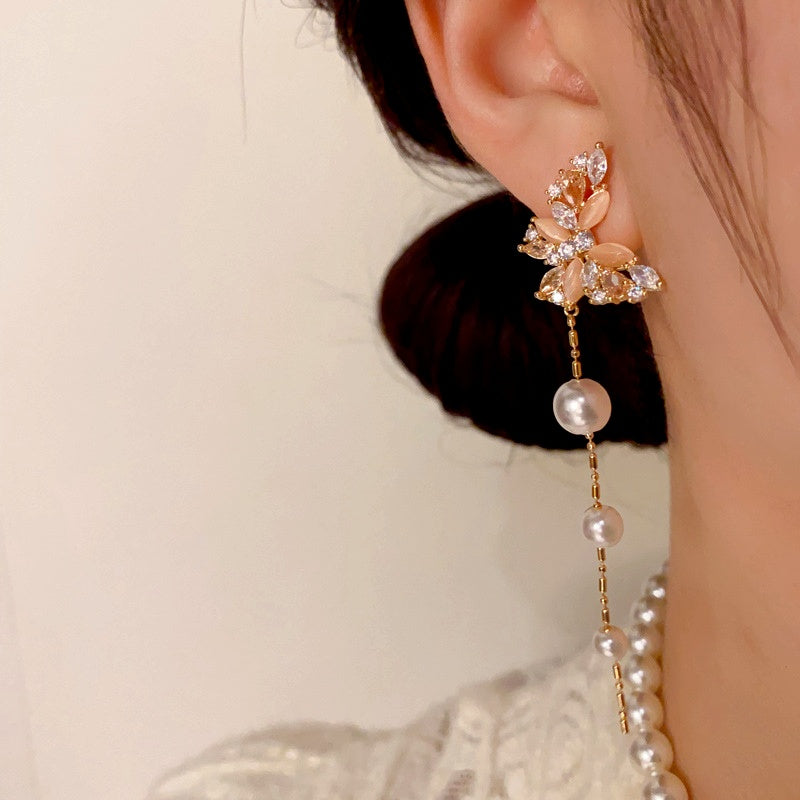 14K Gold-Plated Cat's Eye Stone Zircon Butterfly Pearl Tassel Earrings