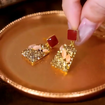 14K Gold-Plated Cat's Eye Stone Zircon Diamond Cube Earrings