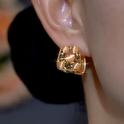 14K Gold-Plated Cat's Eye Stone Zircon Diamond Double-Sided Earrings