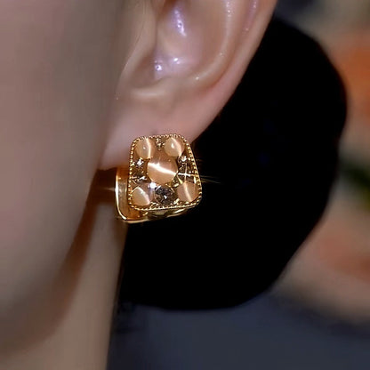 14K Gold-Plated Cat's Eye Stone Zircon Diamond Double-Sided Earrings