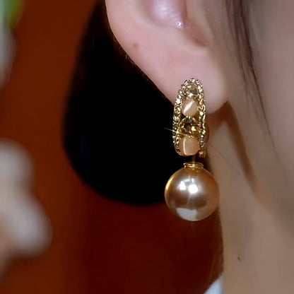 14K Gold-Plated Cat's Eye Stone Zircon Diamond Pearl Earrings