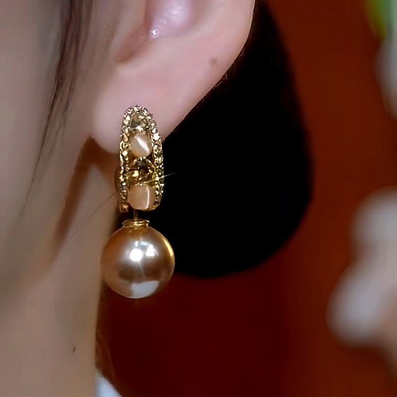 14K Gold-Plated Cat's Eye Stone Zircon Diamond Pearl Earrings