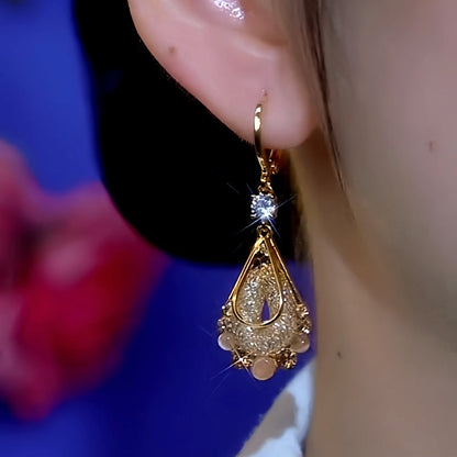 14K Gold-Plated Cat's Eye Stone Zircon Diamond Water Drop Earrings
