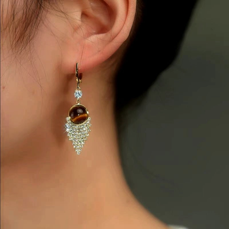14K Gold-Plated Classic Brown Water Drop Tassel Earrings