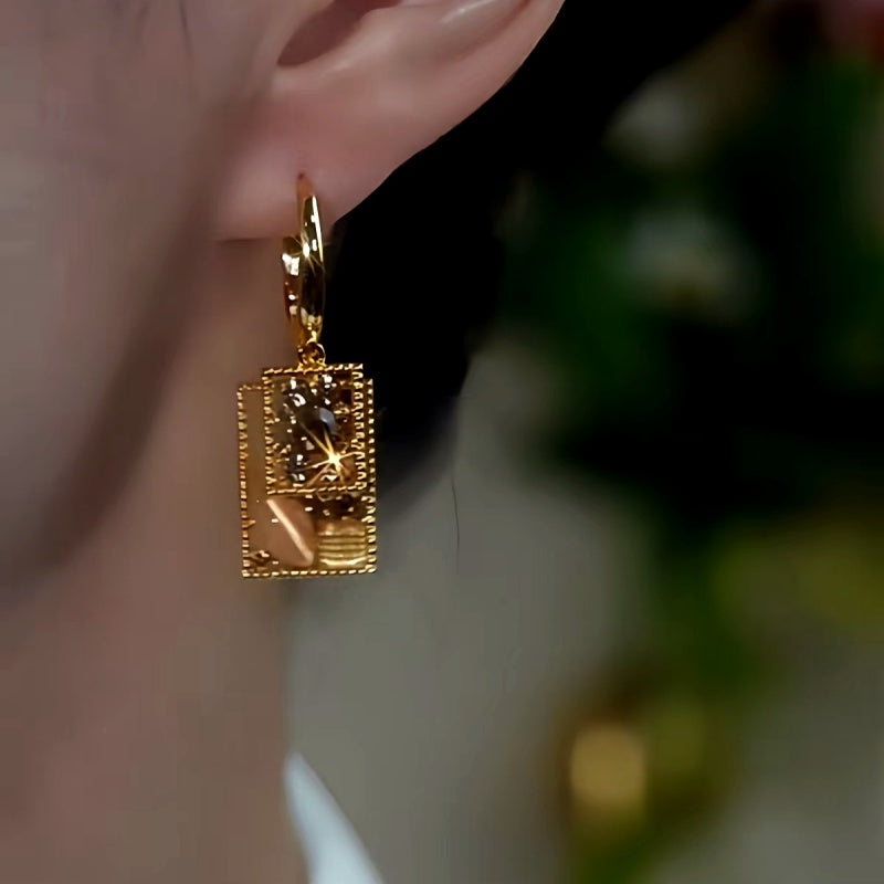 14K Gold-Plated Coffee Color Full Diamond Square Crystal Earrings