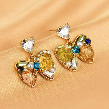14K Gold-Plated Colorful Crystal Pearl Bow Earrings