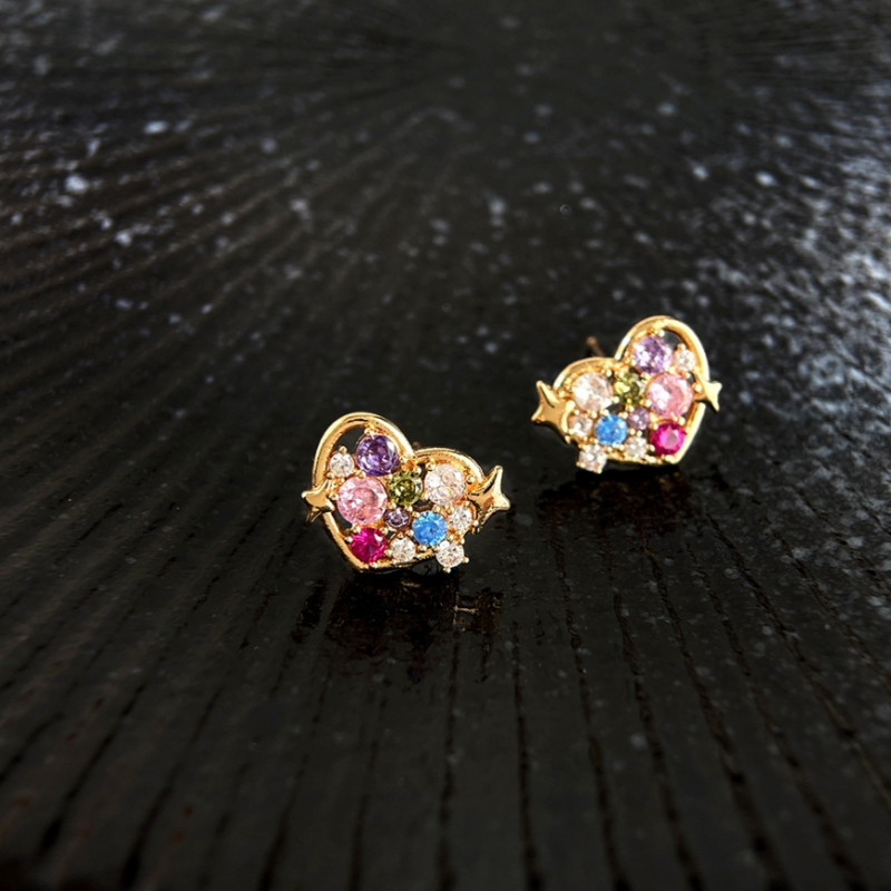 14K Gold-Plated Colorful Zircon Diamond Heart Stud Earrings