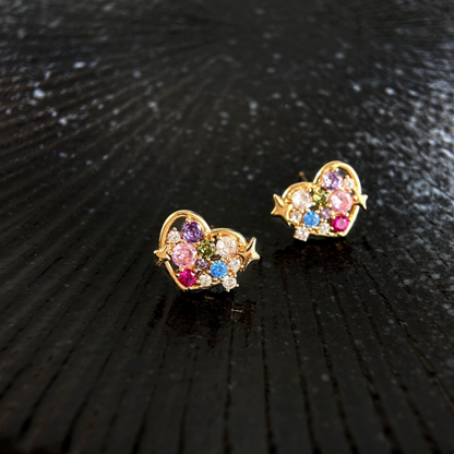 14K Gold-Plated Colorful Zircon Diamond Heart Stud Earrings