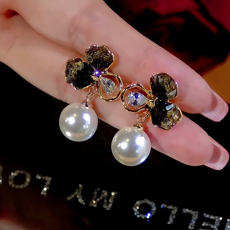 14K Gold-Plated Crystal Flower Pearl Earrings