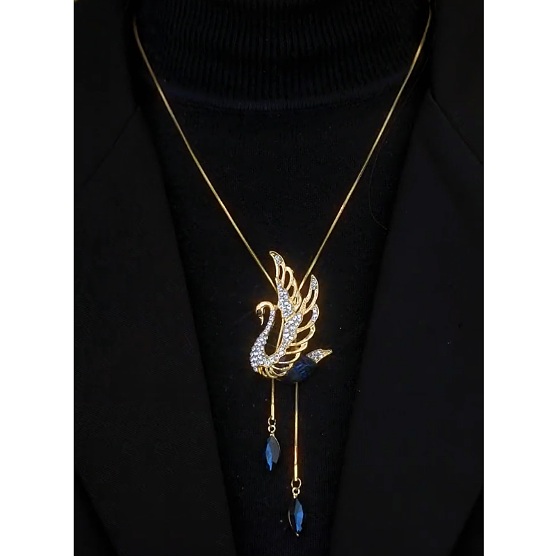 14K Gold-Plated Crystal Swan Sweater Necklace