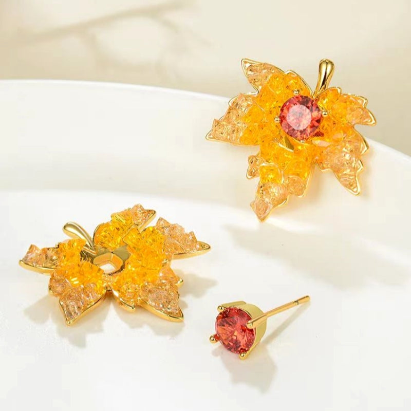 14K Gold-Plated Crystal Zircon Maple Leaf Stud Earrings