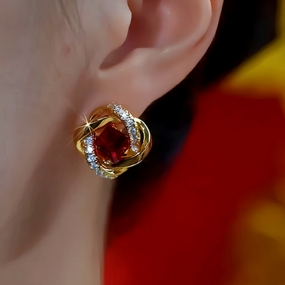 14K Gold-Plated Diamond-Encrusted Red Crystal Stud Earrings