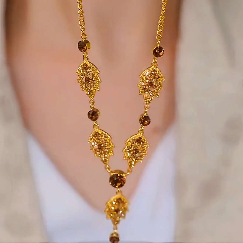 14K Gold-Plated Diamond-Studded Brown Leaf Necklace