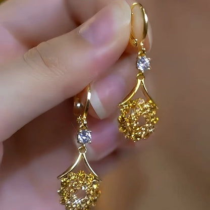 14K Gold-Plated Diamond-Studded Brown Water Drop Tassel Earrings