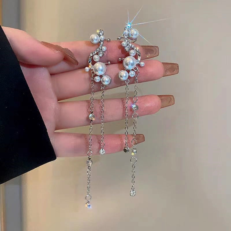 14K Gold-Plated Diamond-Studded Tassel Ear Bone Clip Earrings
