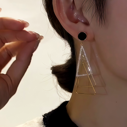 14K Gold-Plated Diamond-Studded Three-Dimensional Multi-Layer Triangle Earrings