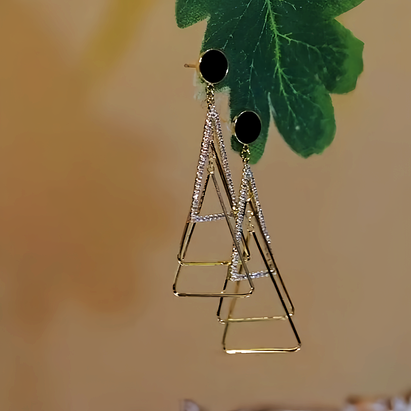 14K Gold-Plated Diamond-Studded Three-Dimensional Multi-Layer Triangle Earrings