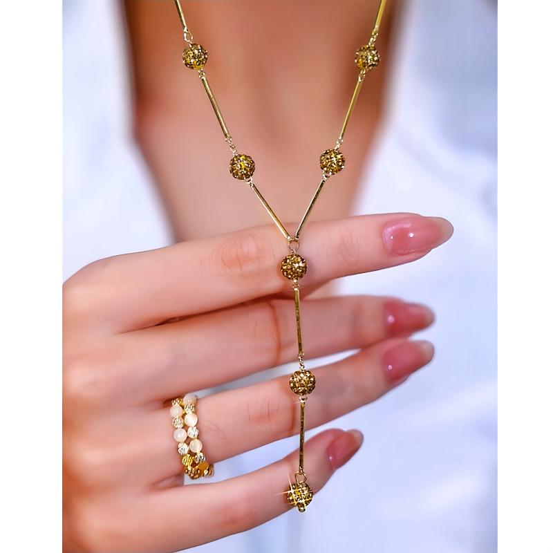14K Gold-Plated Diamond-Studded Y-Shaped Coffee-Colored Diamond Ball Necklace