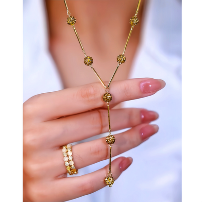 14K Gold-Plated Diamond-Studded Y-Shaped Coffee-Colored Diamond Ball Necklace
