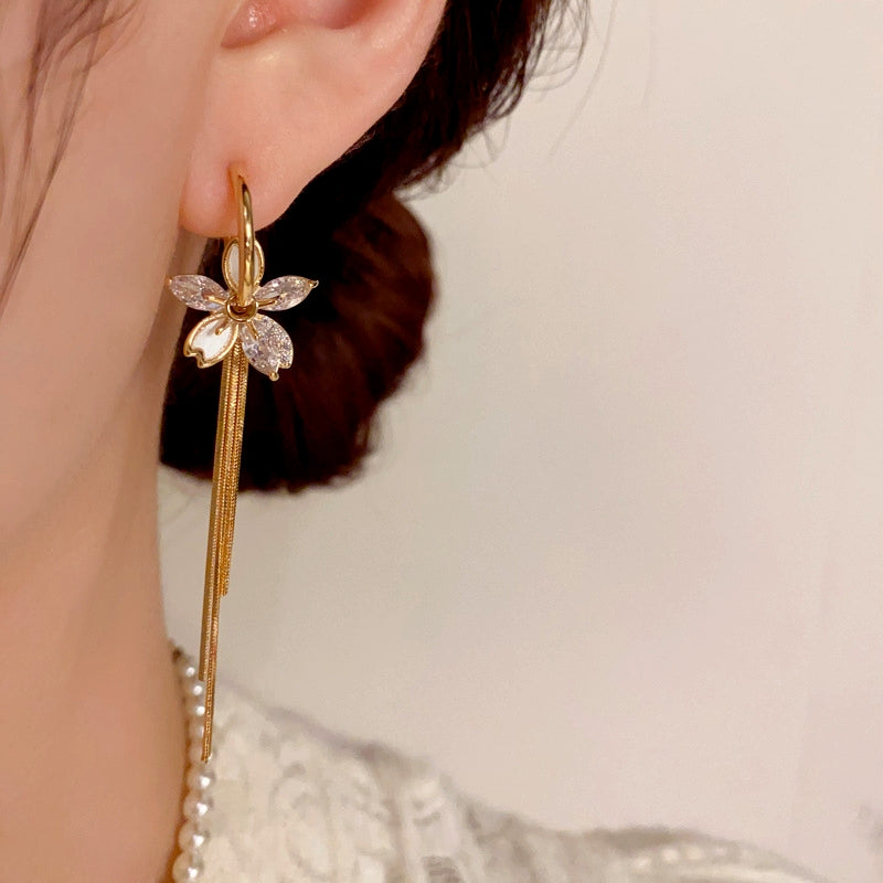 14K Gold-Plated Diamond-Studded petal Tassel Earrings