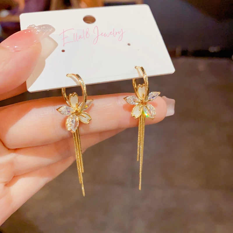 14K Gold-Plated Diamond-Studded petal Tassel Earrings